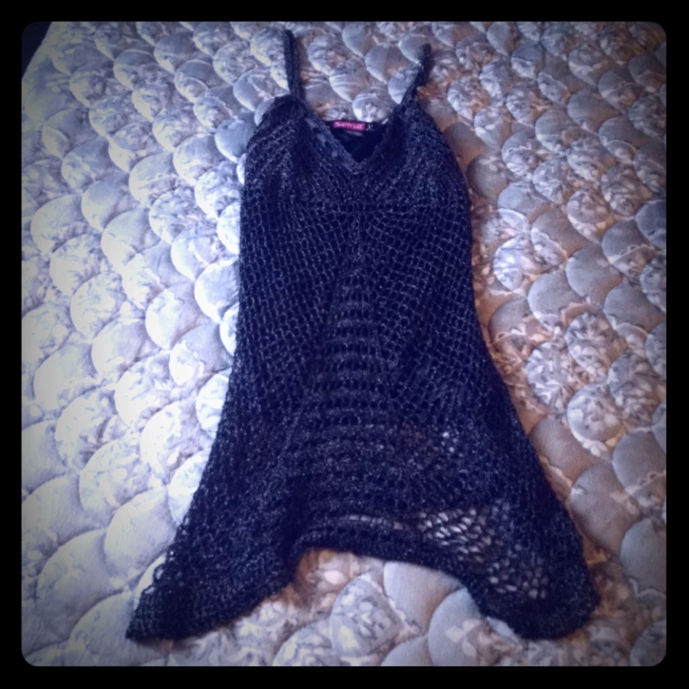 Black satin top with crochet net cover